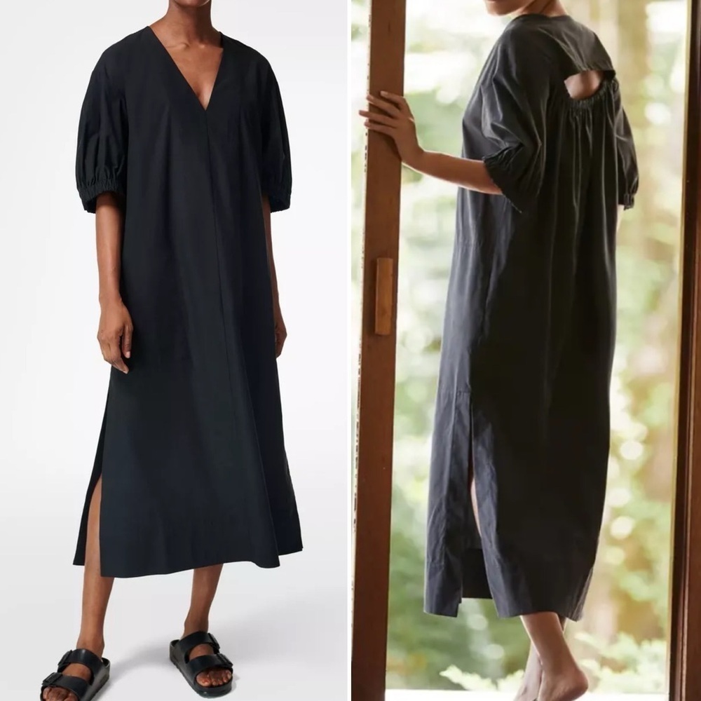 Sweaty Betty Loren Poplin Midi Dress Back Cutout Black Sz 6 minimalist oversized